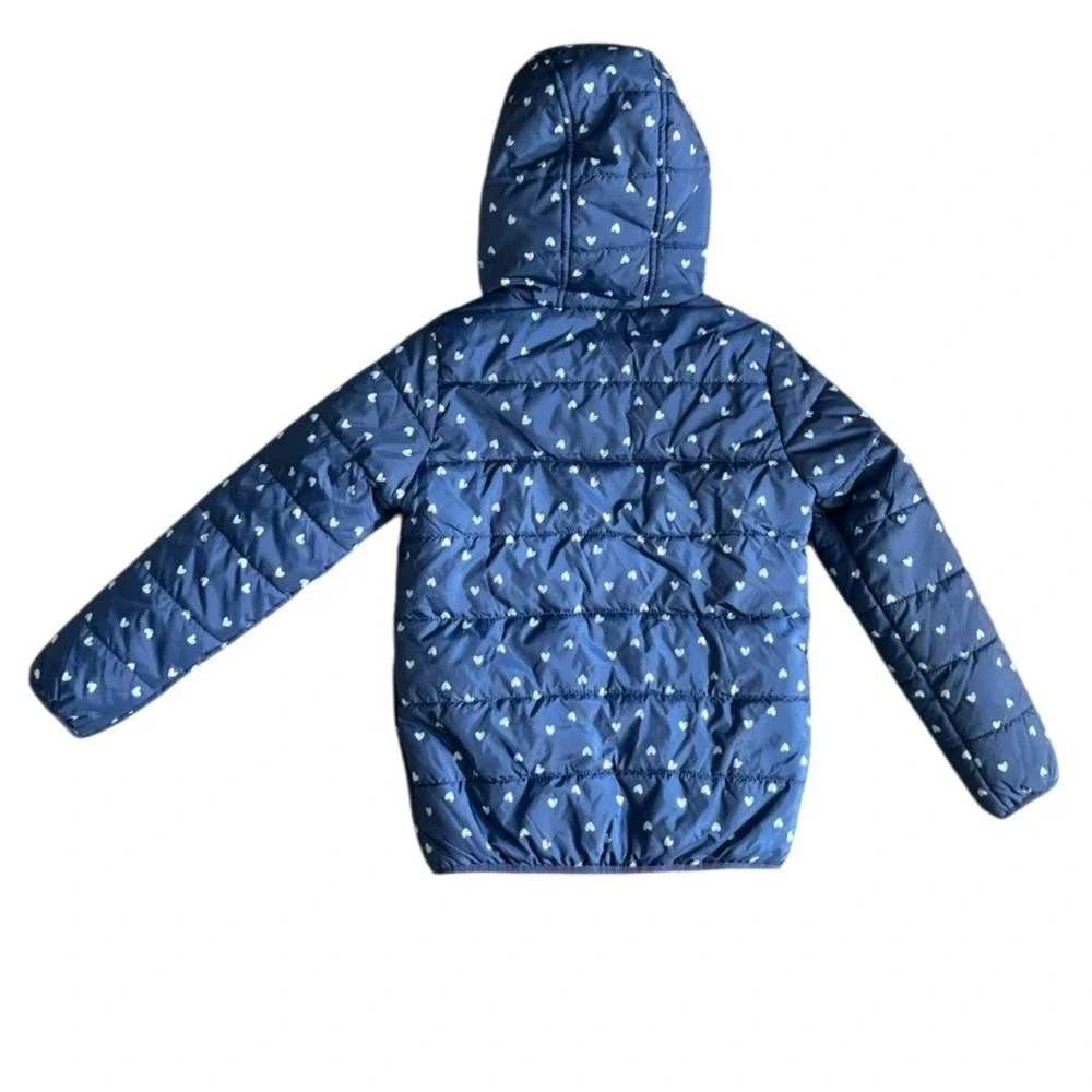 Carter's Puffer‎ Jacket Girls 10 Navy Blue Heart Print Hooded Quilted Coat